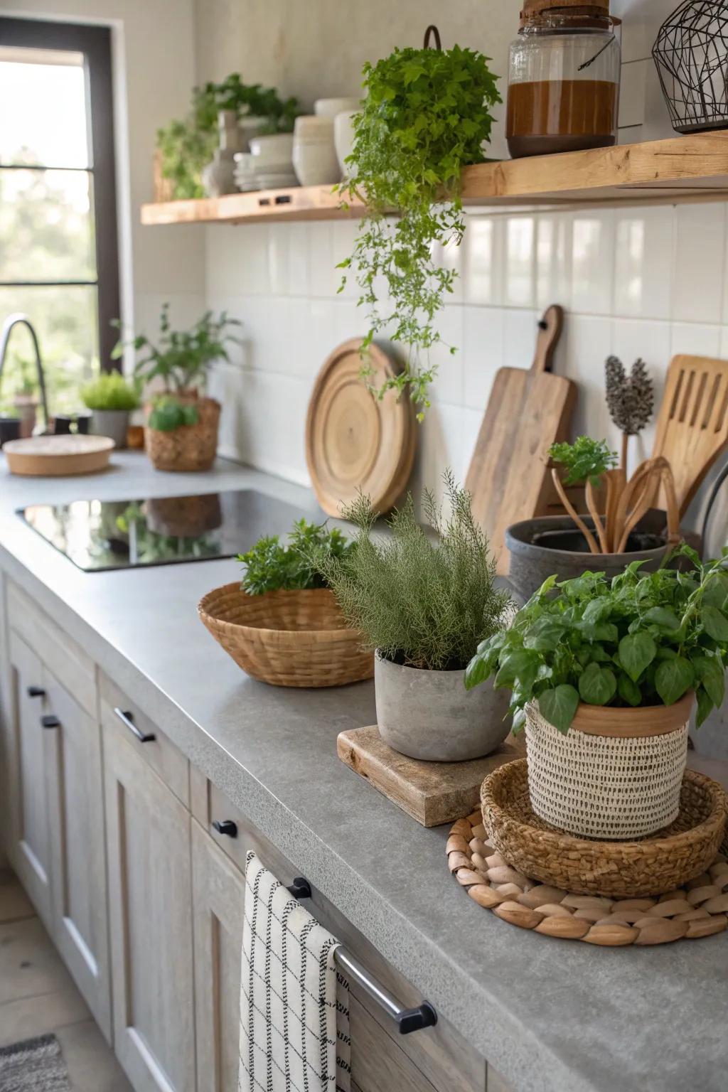 A kitchen with concrete worktops enhanced by natural elements and greenery.
