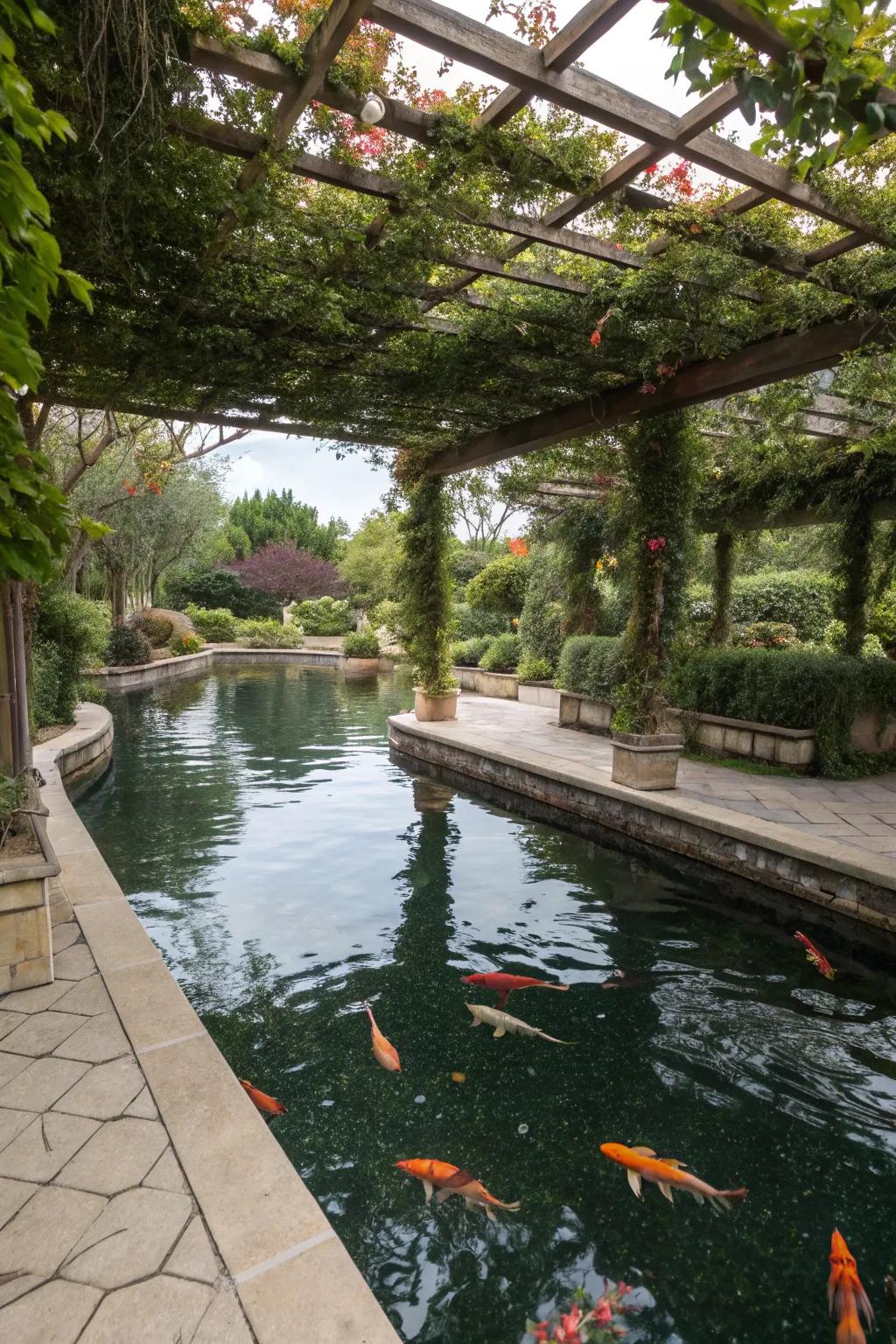 A koi pond shaded by a vine-laden overhead trellis.