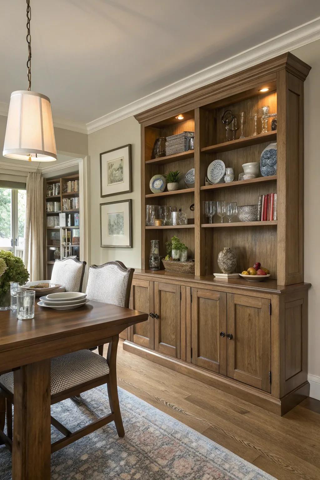 Built-in storage assists in maintaining an elegant, tidy dining area.