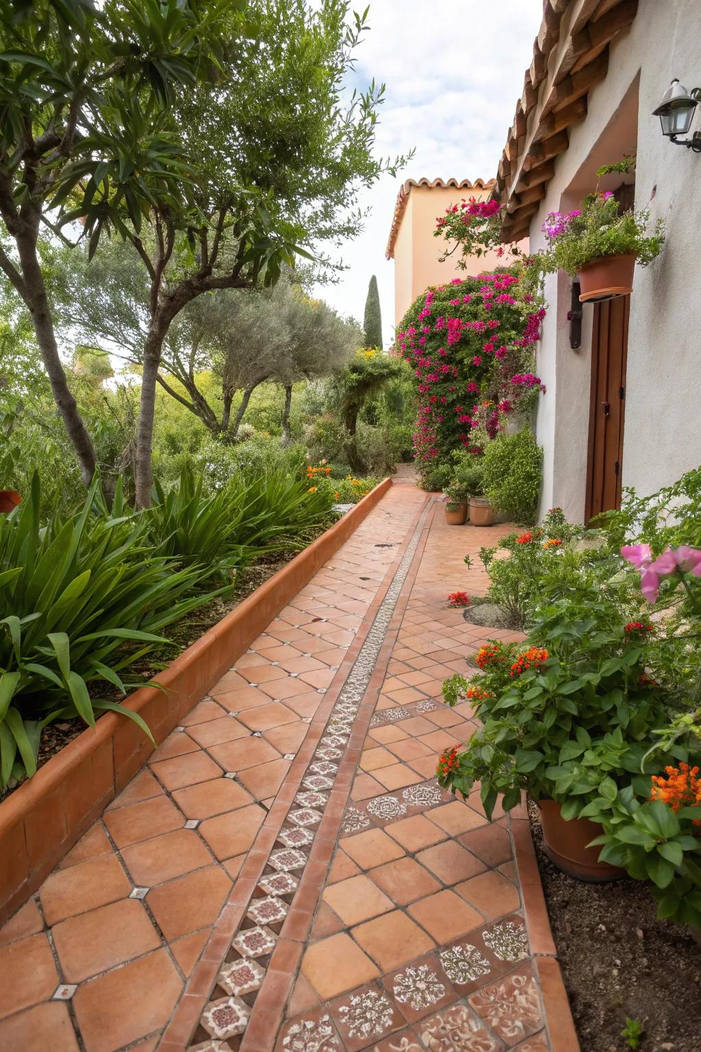 Terracotta tile edging adds Mediterranean warmth to your garden area.