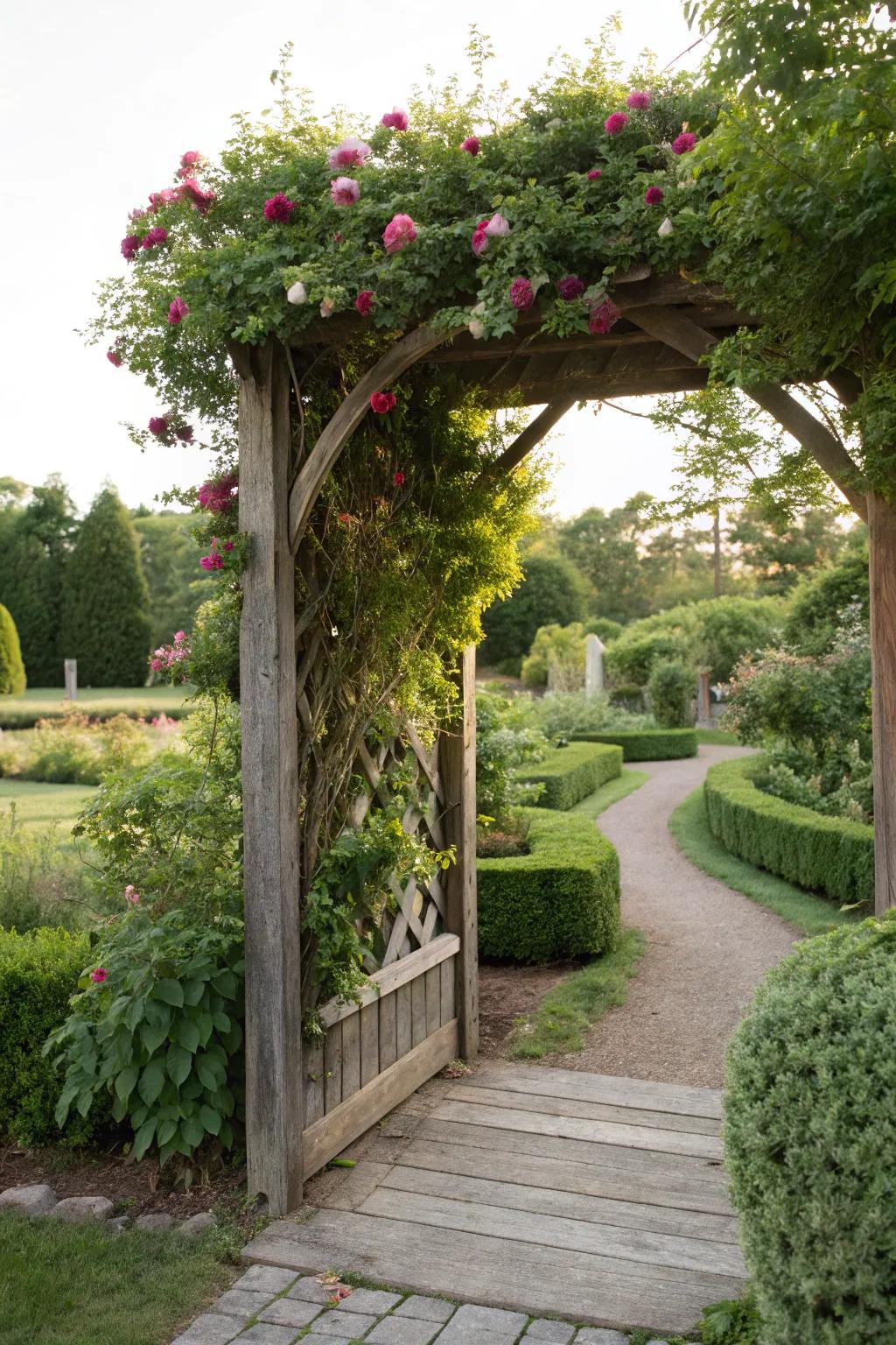 A plank archway adds elegance and frames garden paths beautifully.