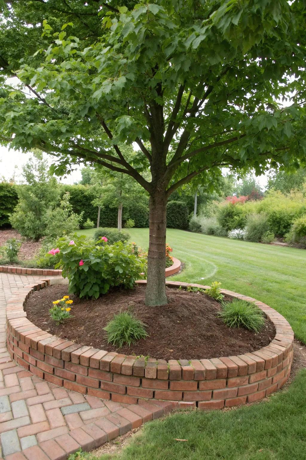 A tree with crisp brick trim, offering a polished and protected appearance.