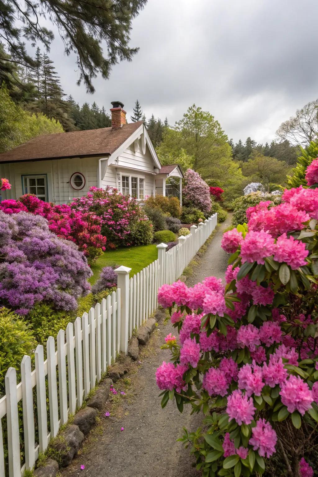 An idyllic pastoral garden showcasing rhododendrons and roses.