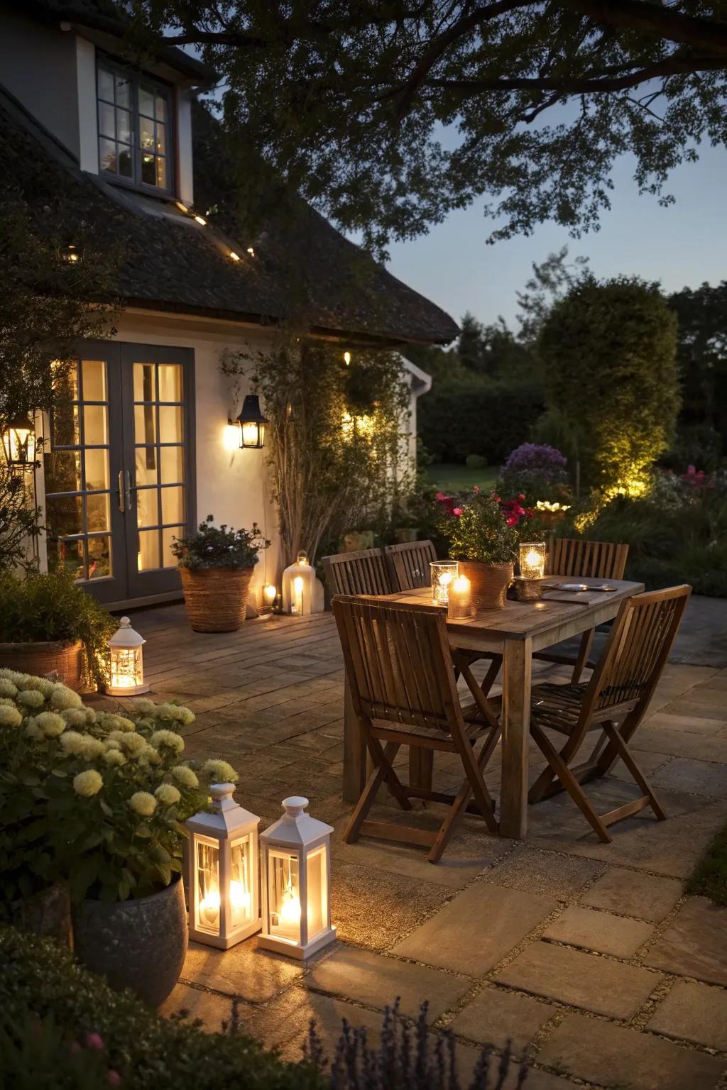 Luminaries transform decks into inviting evening sanctuaries.