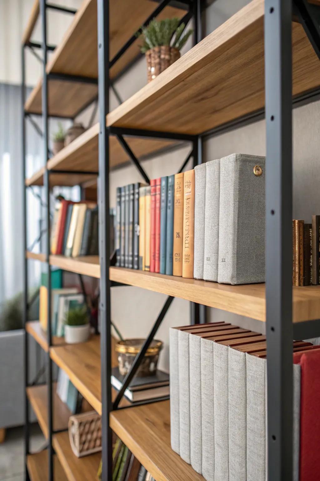 A combination of touch elements enriches the experience of this bookshelf display.
