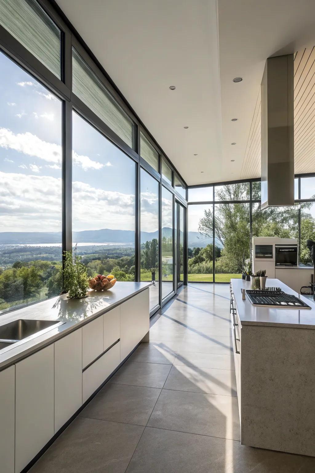 A kitchen designed with windows for ample natural light.