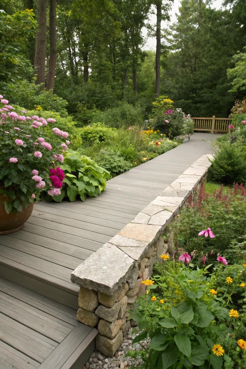 Ornamental rock borders enhance the natural beauty of this lawn deck.