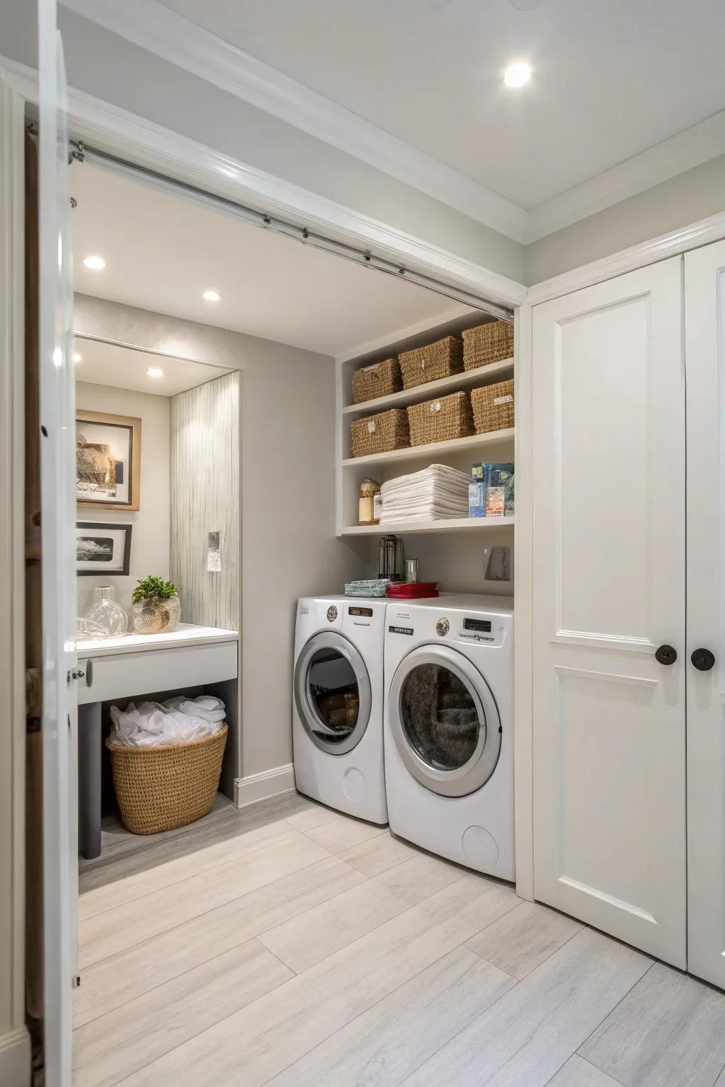 A concealed nook offers discreet storage for clutter.