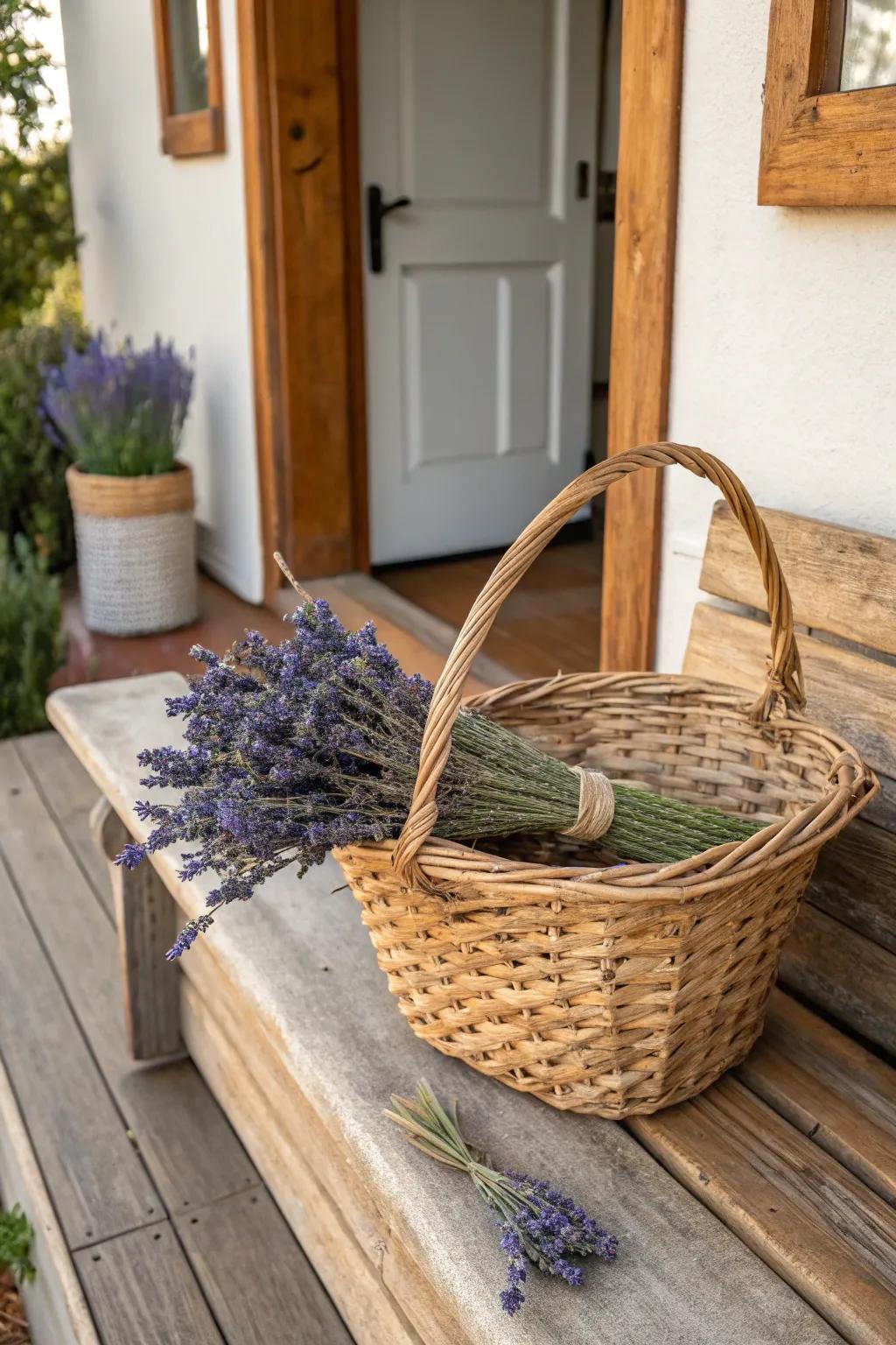 An inviting charm promoted by lavender basket decor.