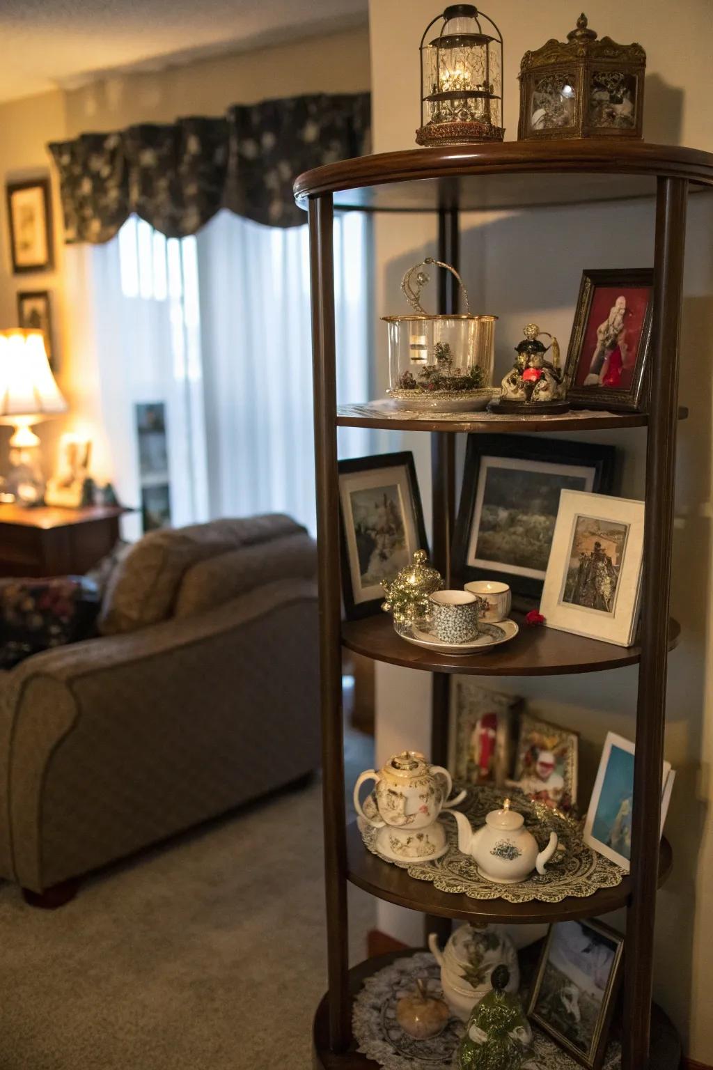 A decorative display that utilizes a spinning organizer to showcase treasured items.