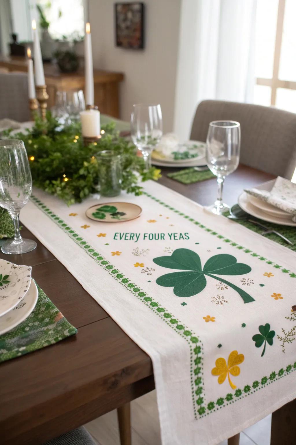 Leap Year-themed table runner unifies the celebration.