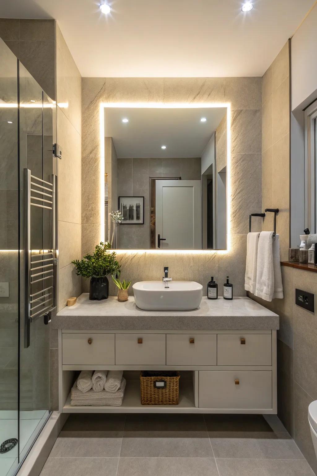 A versatile bathroom design featuring an illuminated mirror that offers color temperature control.