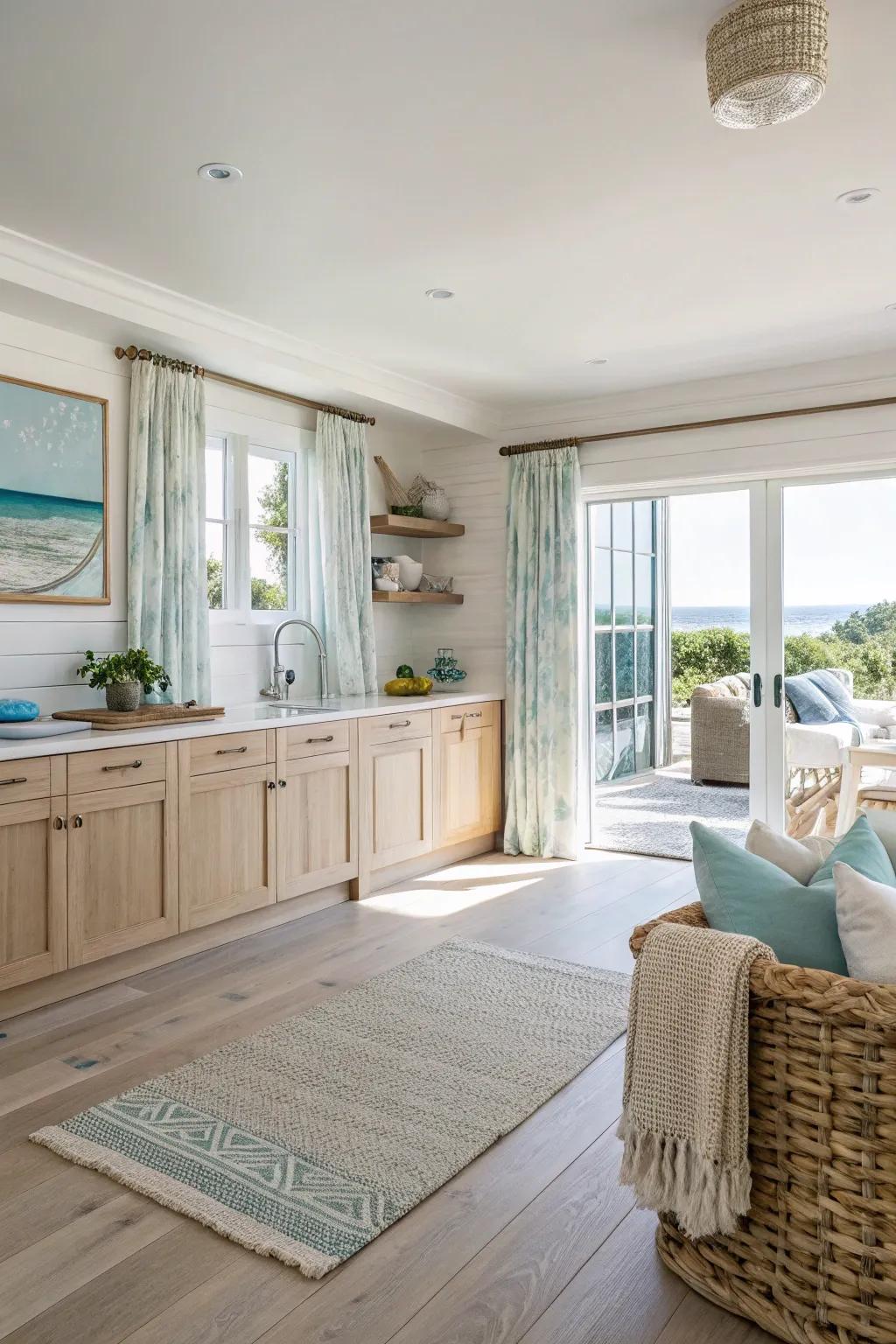 Seaside blonde imitation wood flooring enhances the open-plan layout of this culinary space.
