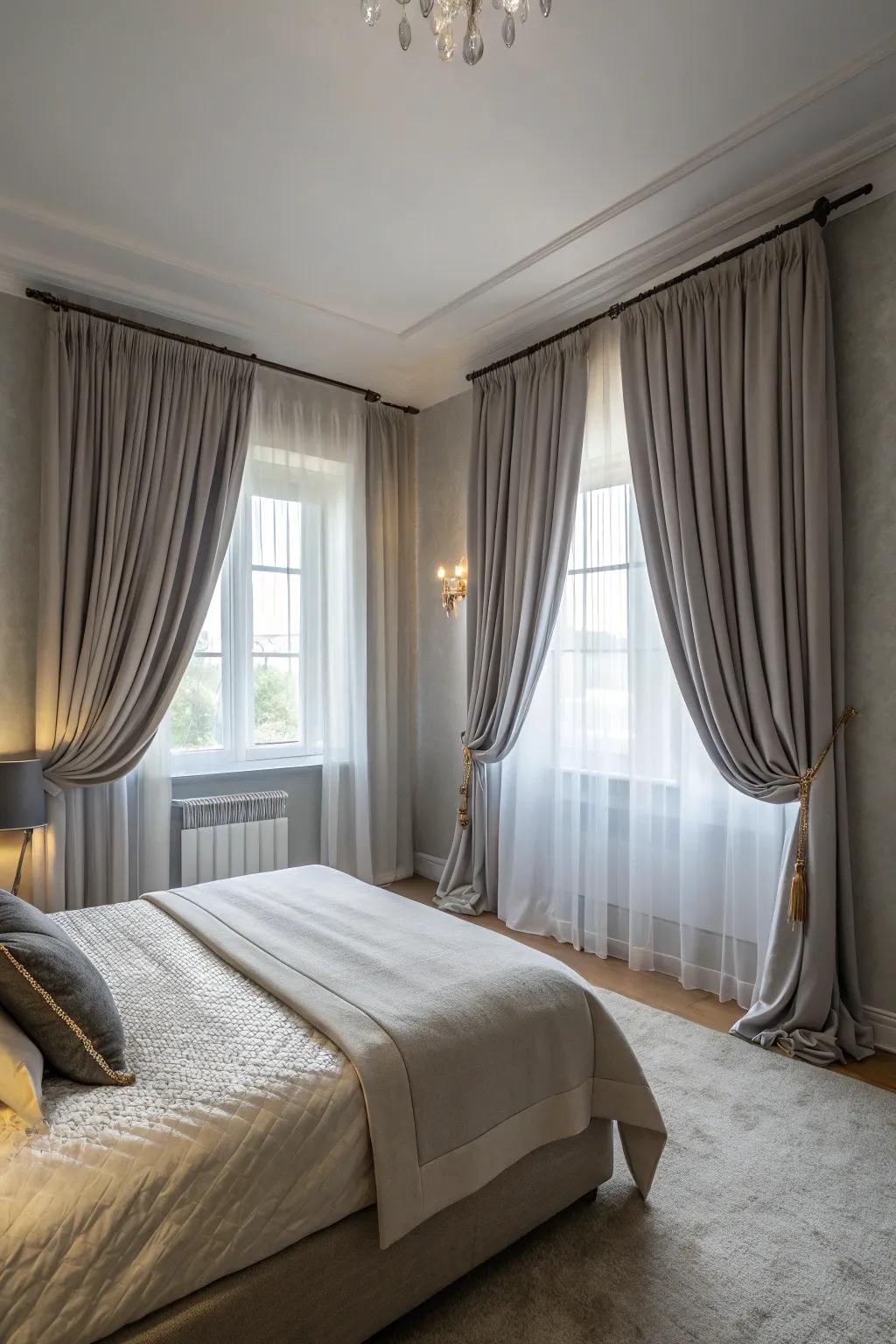 Drapery adds elegance to pale grey walls.