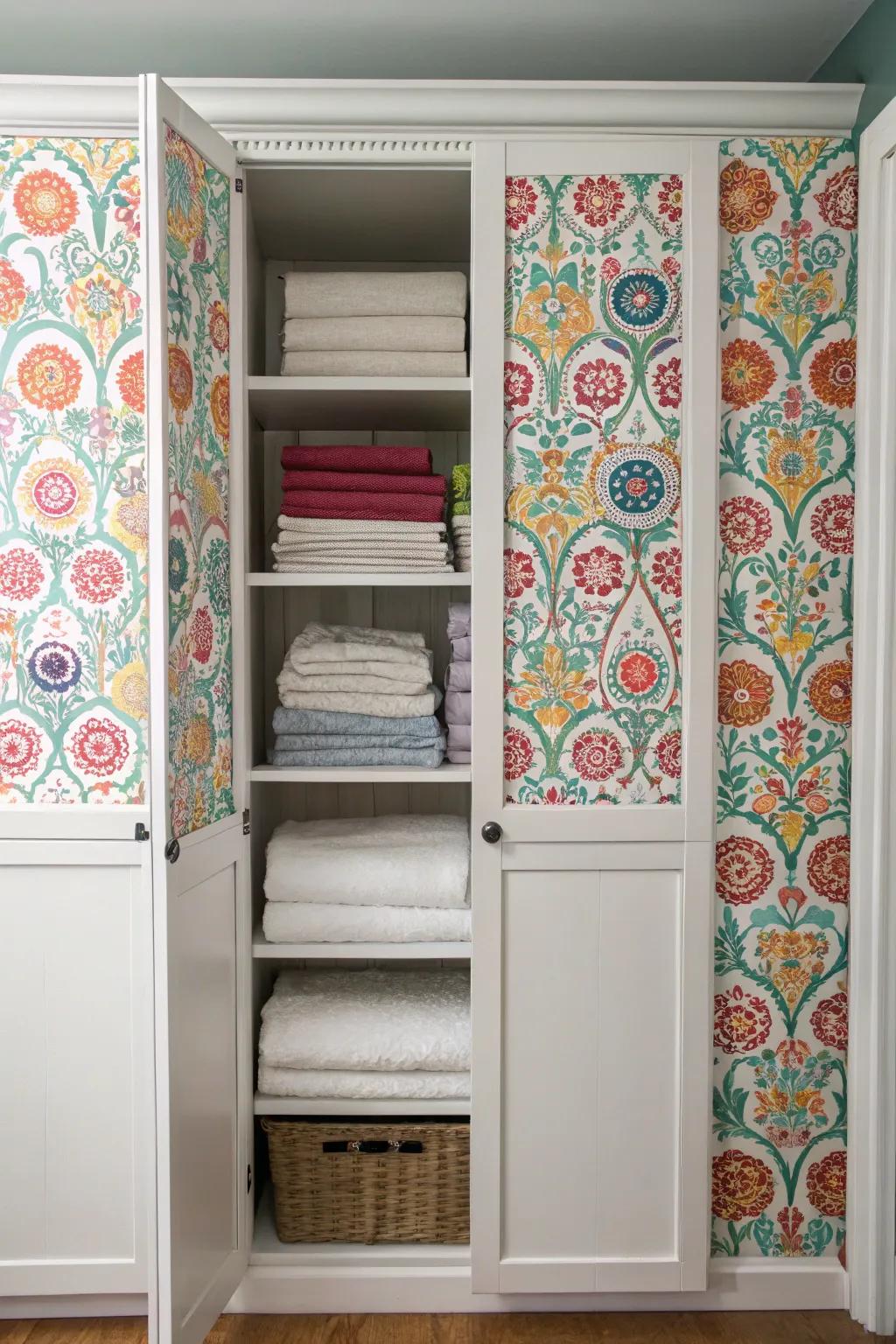 Patterned wall covering renders linen closet entrances a prominent attribute.