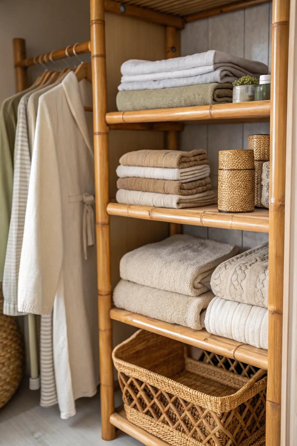 Eco-friendly bamboo shelves add warmth and sustainability.
