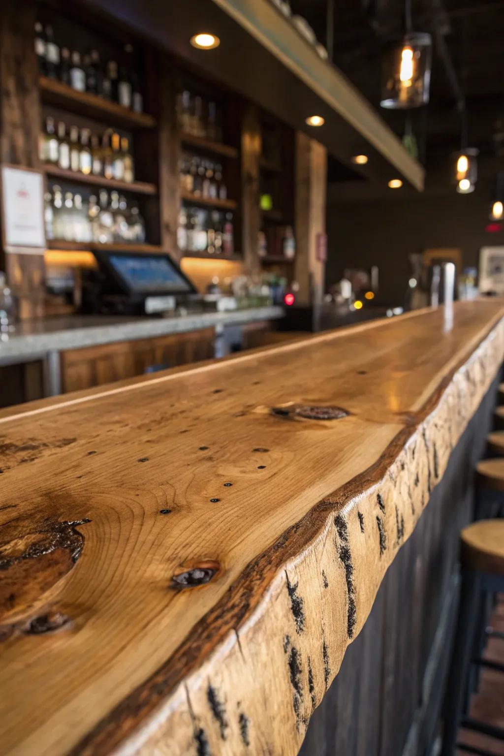 A natural-edge bar that celebrates the timber's backstory, showcasing its organic marks.