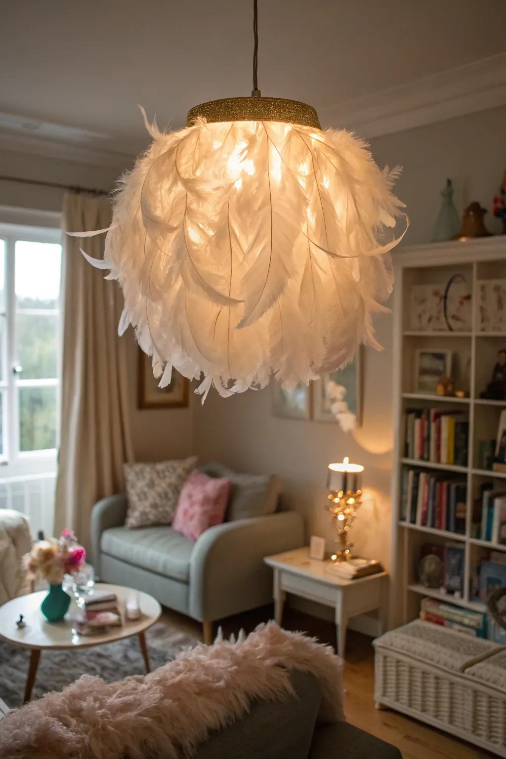 Feathery pendants inject softness and whimsy into the décor.