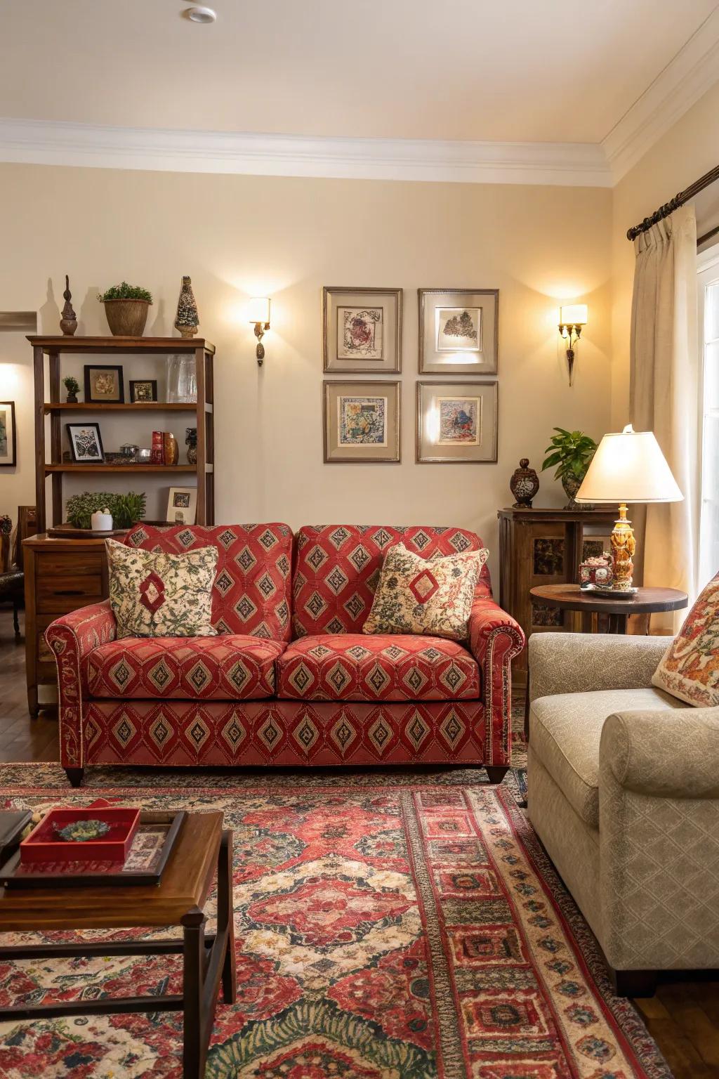 Striking fabrics fashioning a captivating point of focus within the living space.