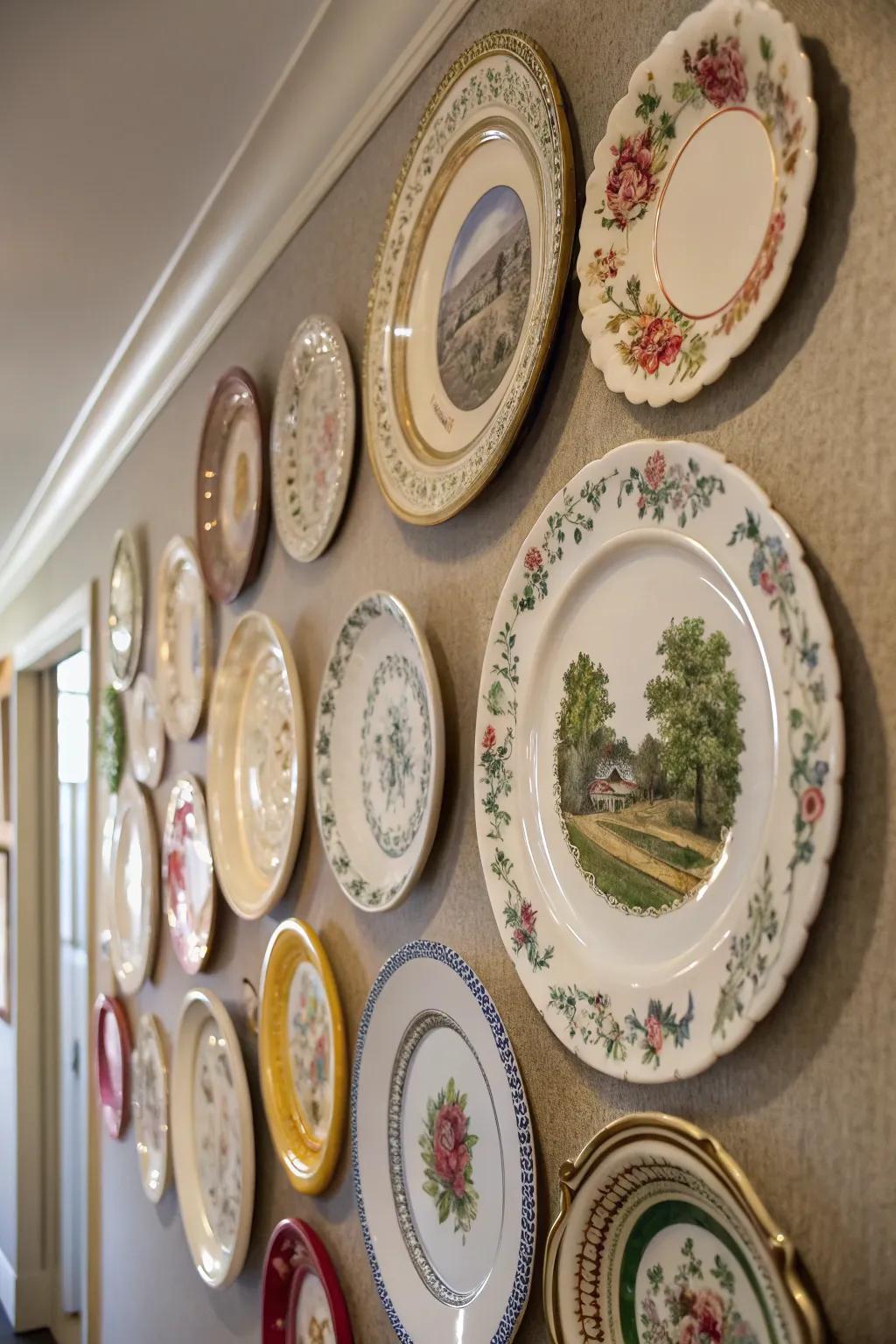 Vintage plates offer elegance and a touch of whimsy.