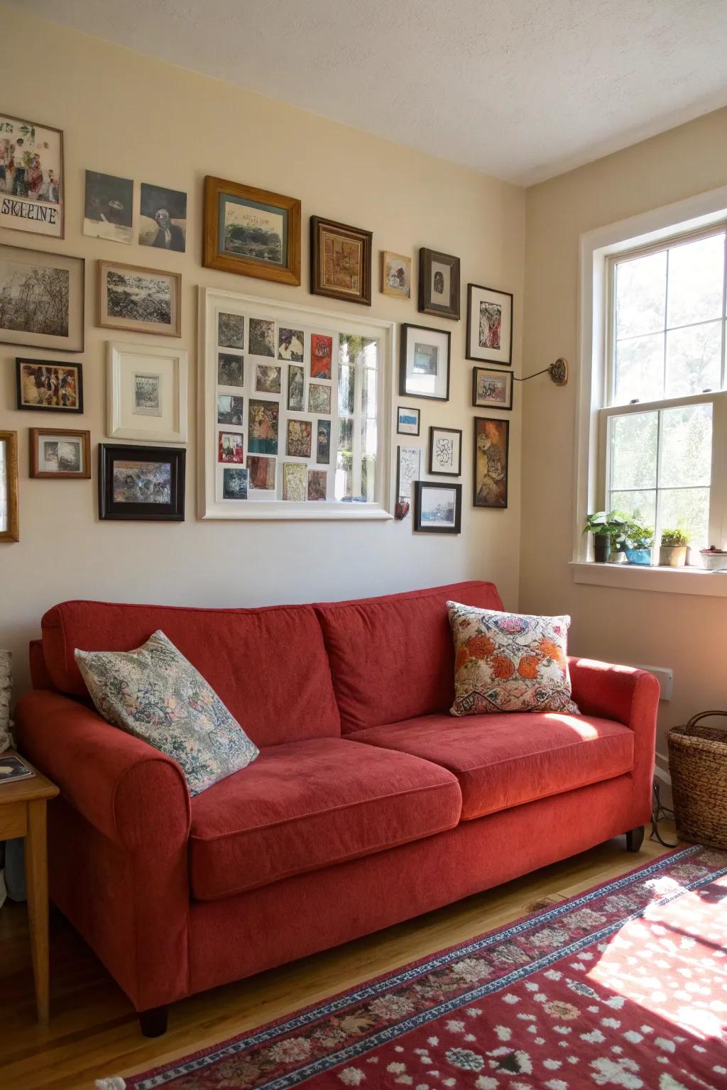 A gallery wall personalizes the space and enhances the visual allure of a ruby settee.