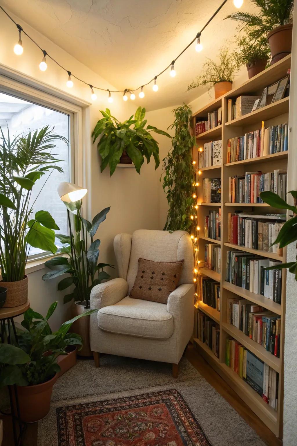 A cozy reading alcove encompassed by opulent verdure.