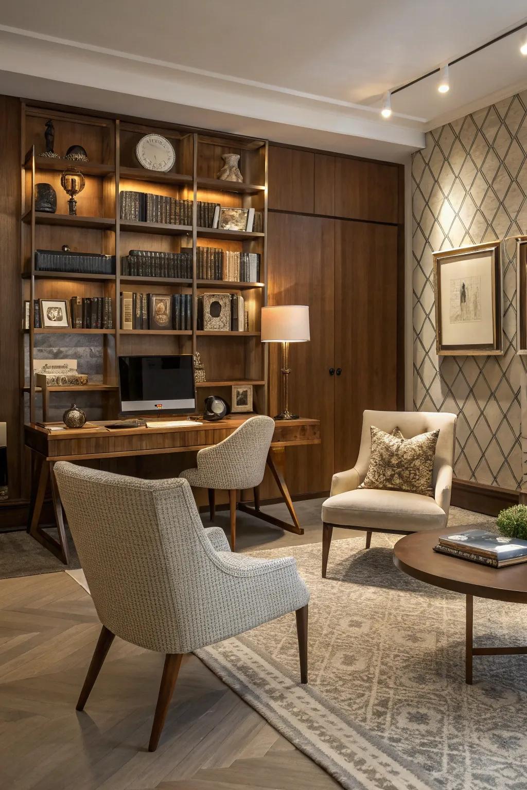 Mid-century modern elements add timeless elegance to the workspace.