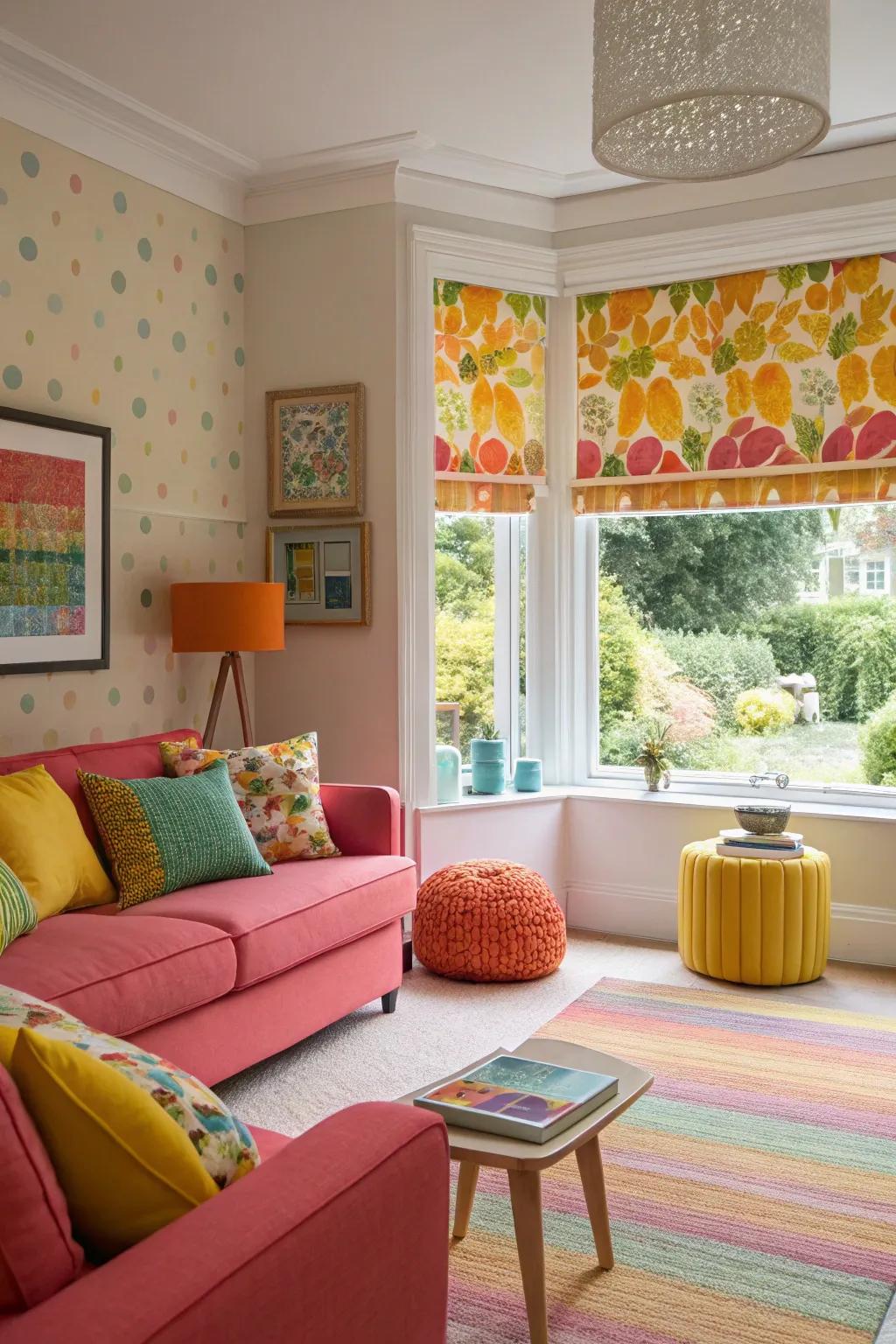Bring life to your living room with bright window shades.