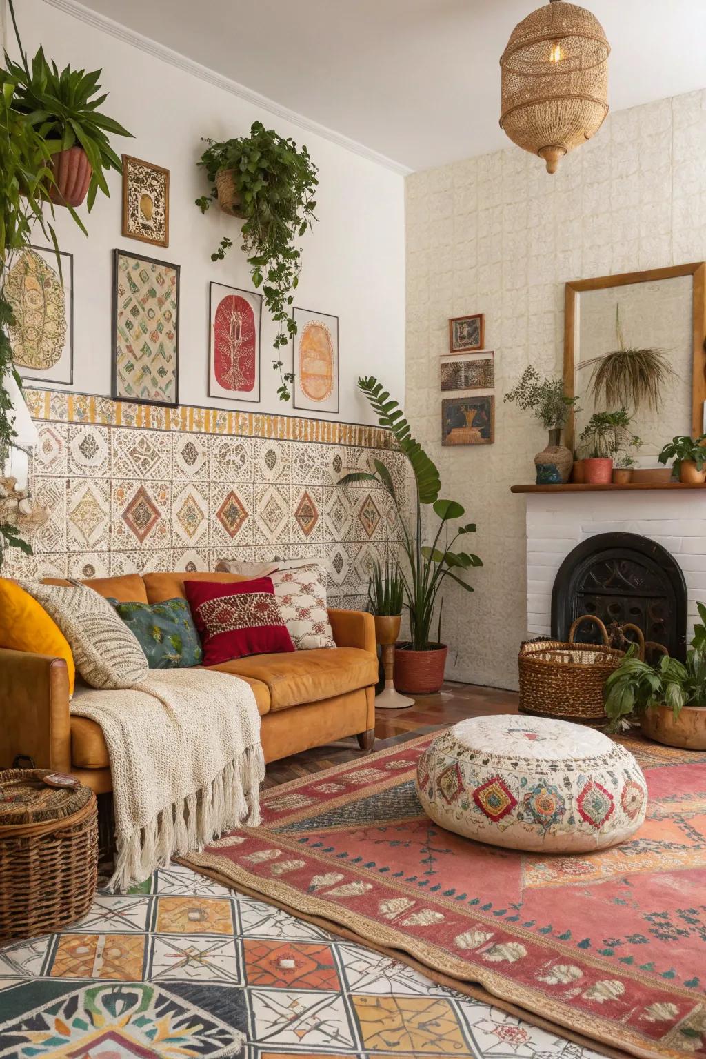 Eclectic living room with boho tile patterns.