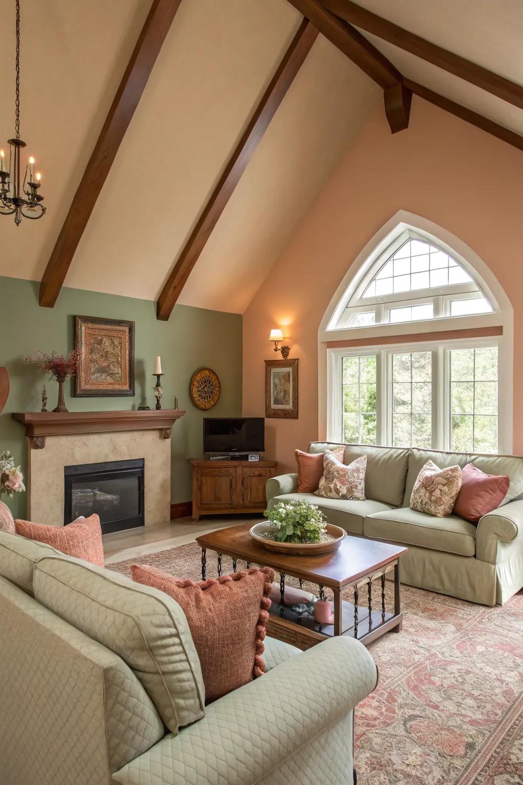 An inviting chromatic scheme brings coziness to a vaulted living space.