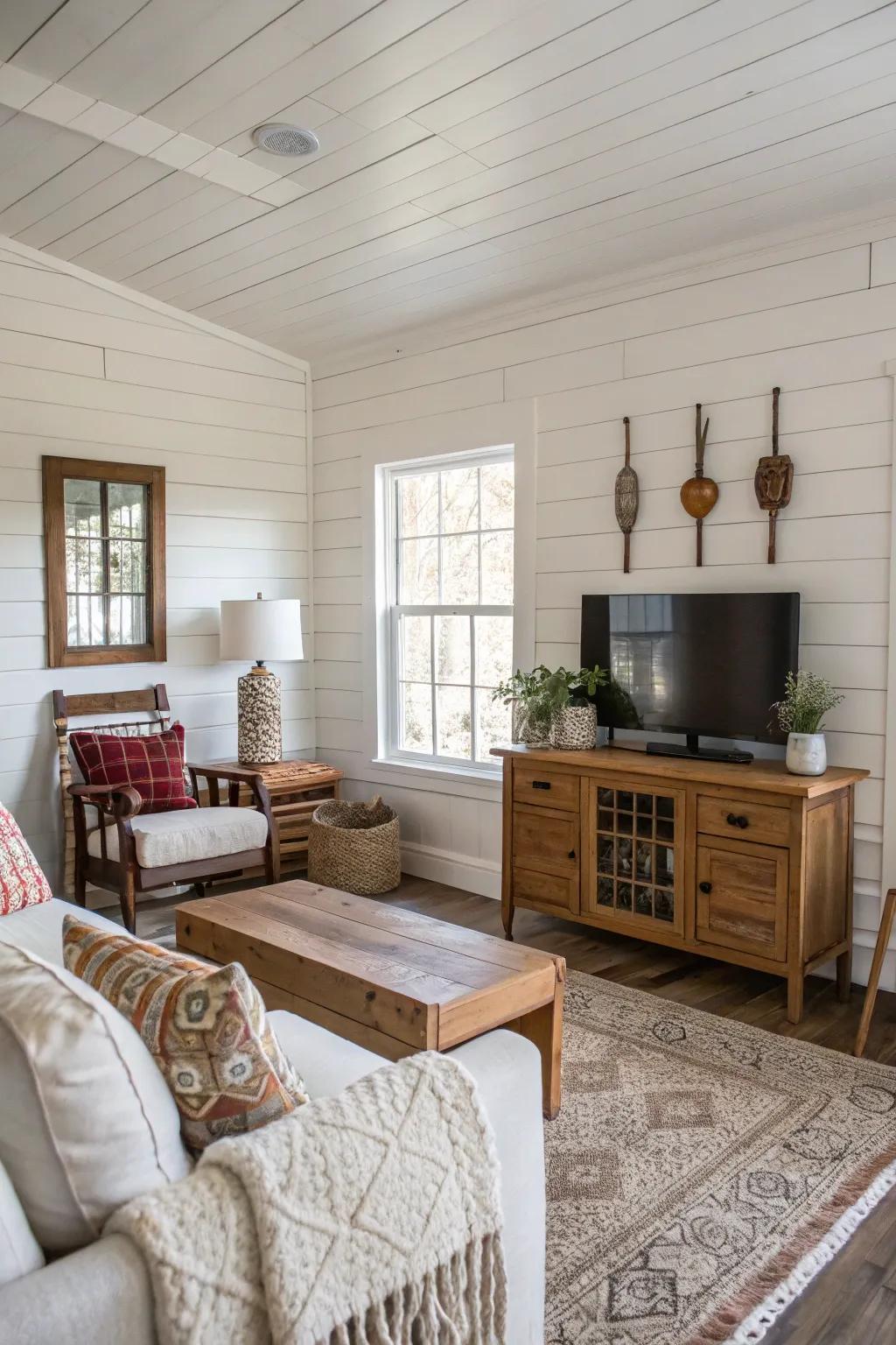 Plank walls in white deliver rustic allure and warmth.