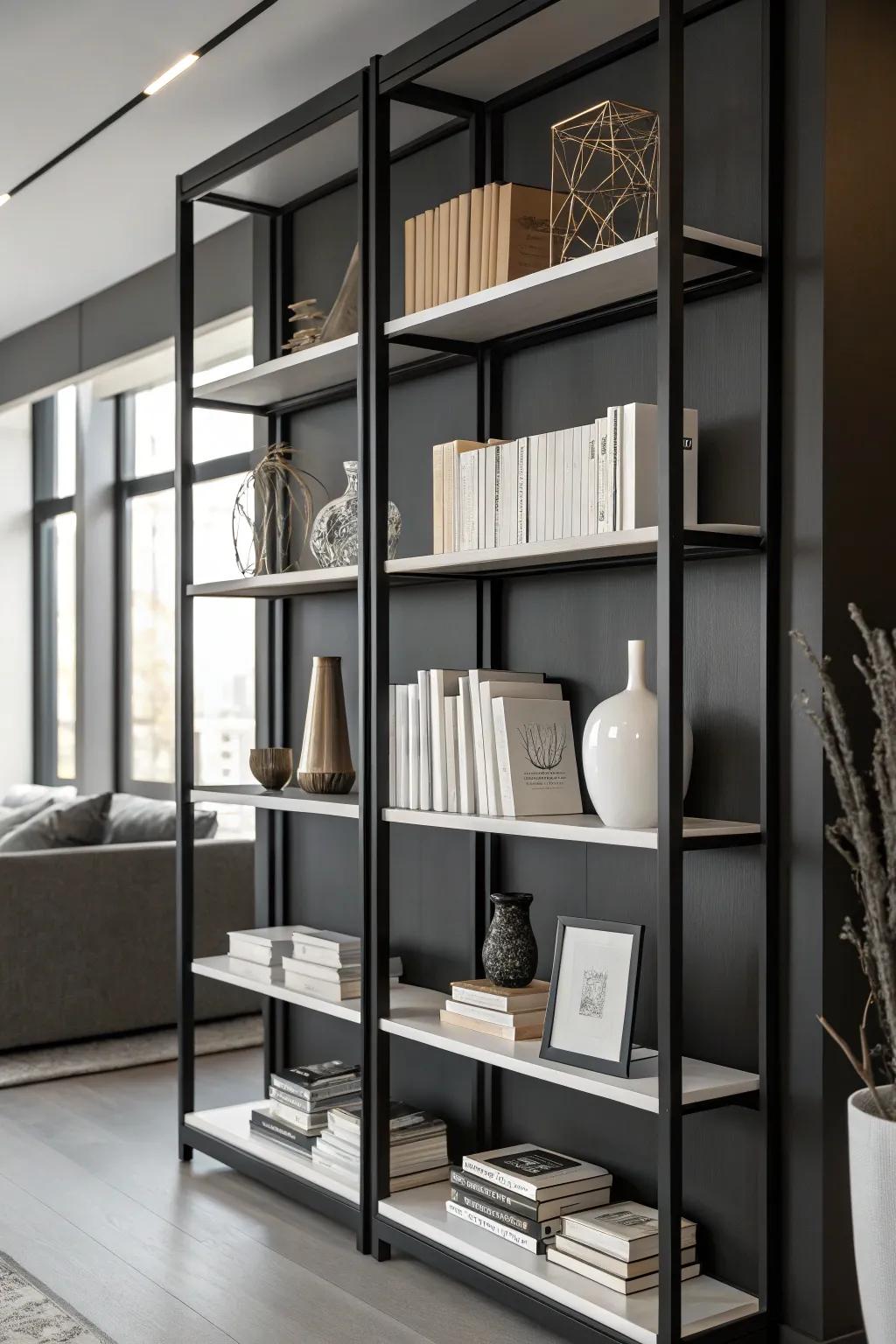 A single colour palette designs a sleek and modern bookshelf appearance.