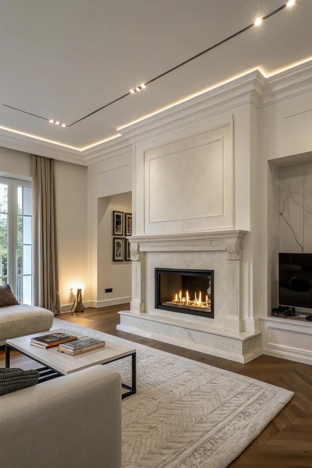 A minimalist living space featuring a sleek fireside and subtle decor elements.