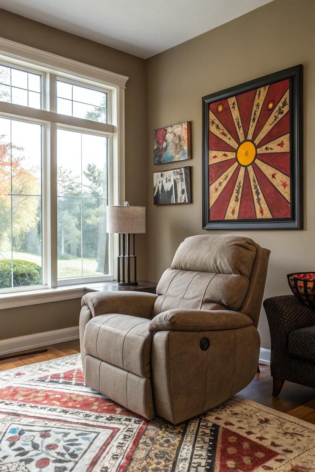 A stylish living area showcasing an eye-catching artwork positioned above the recliner.