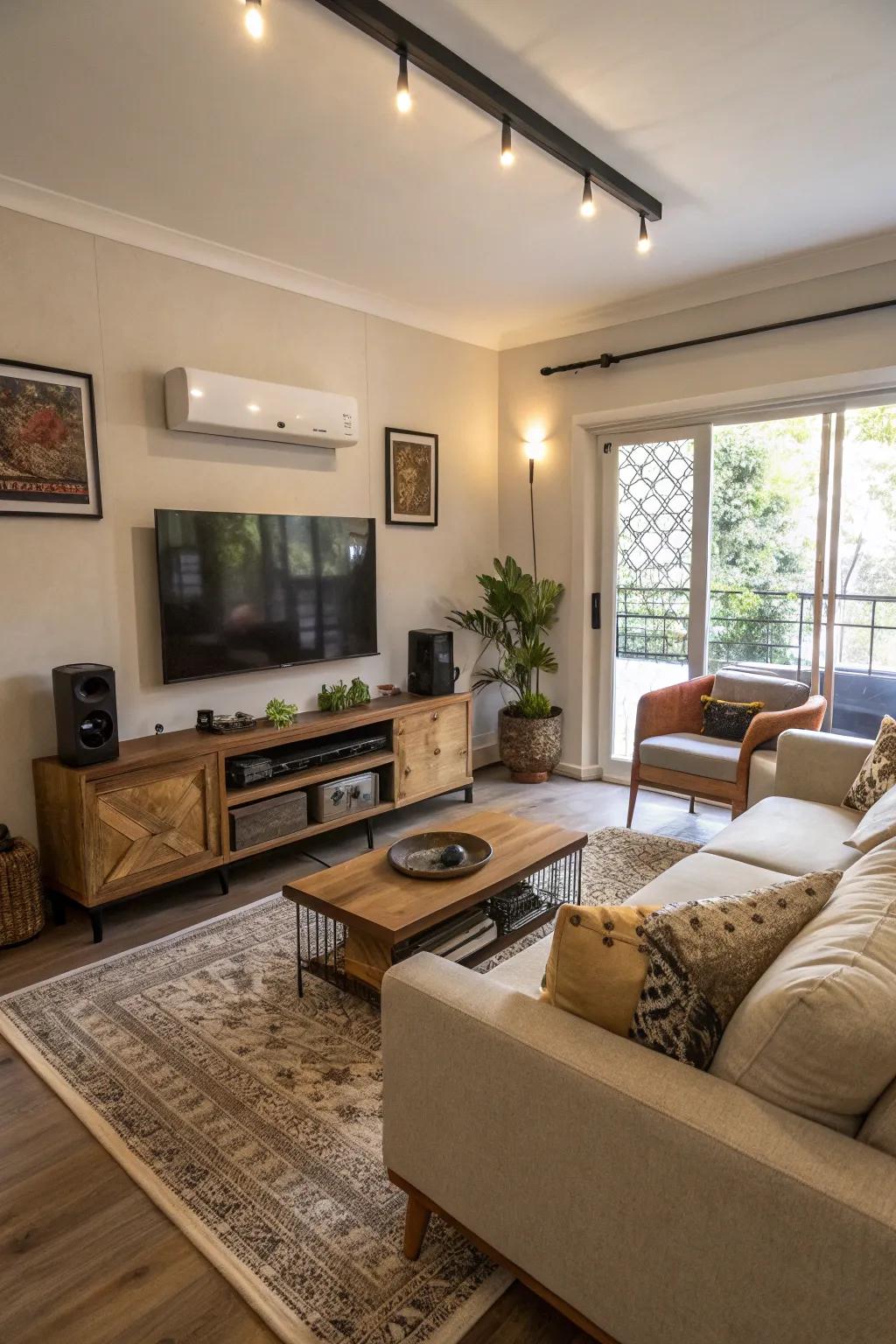 Adaptable furniture permits versatile seating configurations.