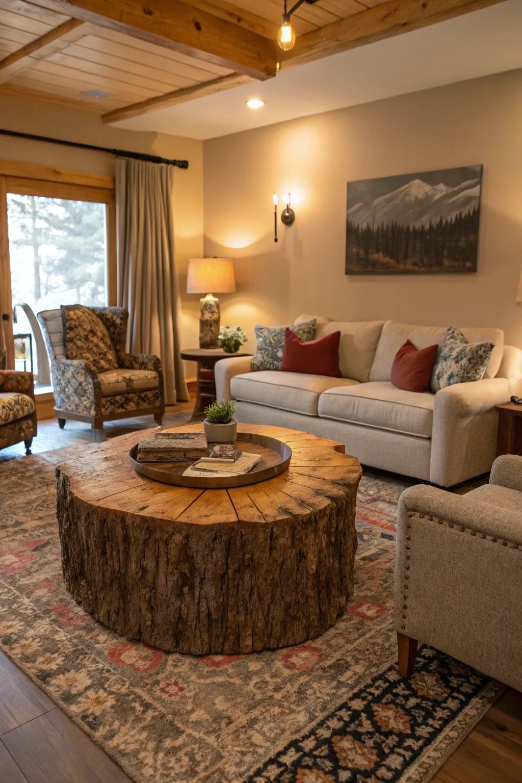 A bold lumber coffee surface as a dwelling space centerpiece.