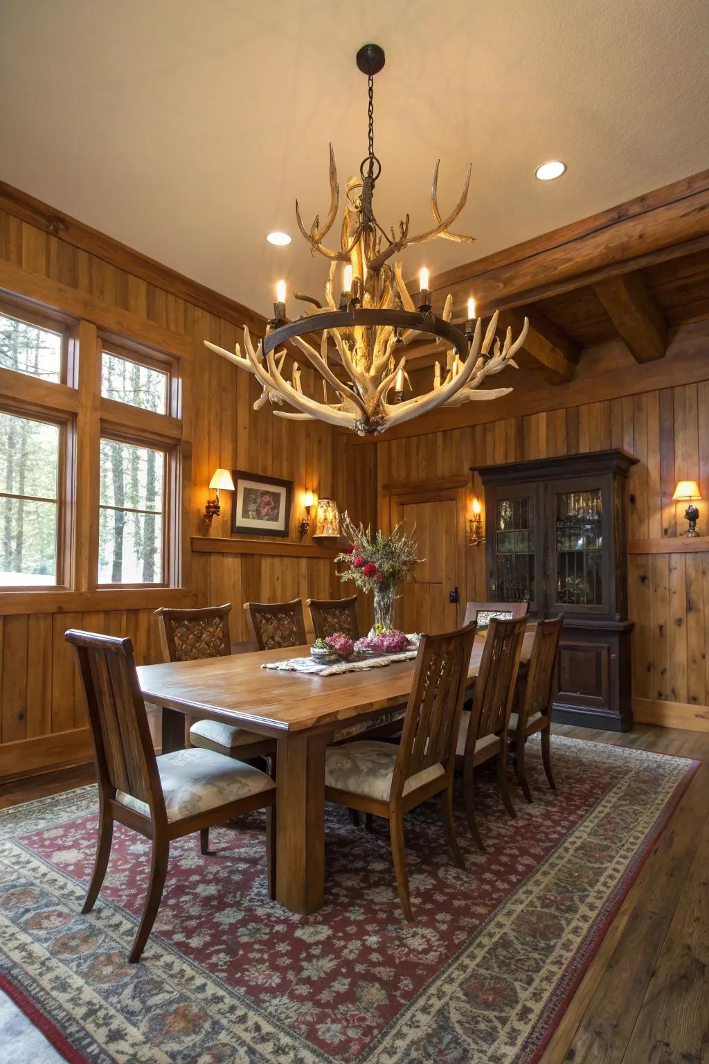 Antler chandeliers make a bold Western statement.