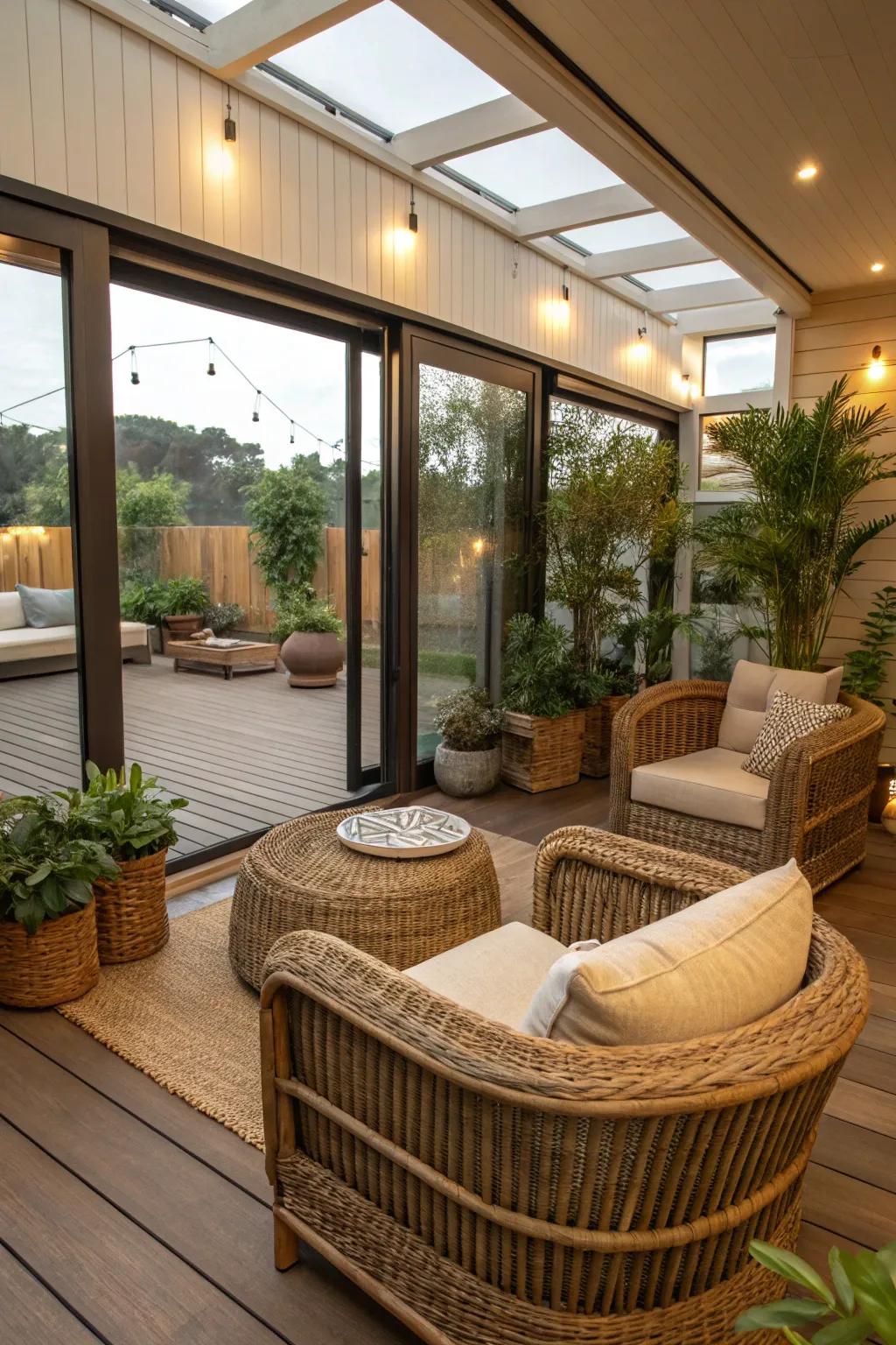 Merging indoor and outdoor components creates a relaxed, airy vibe.