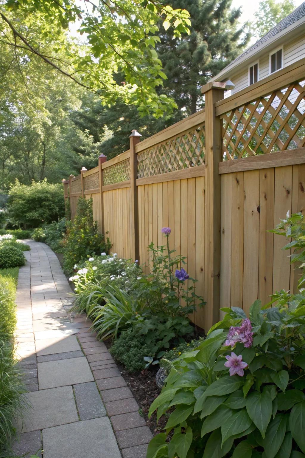 Elevate your fence design through the incorporation of a decorative lattice overlay.