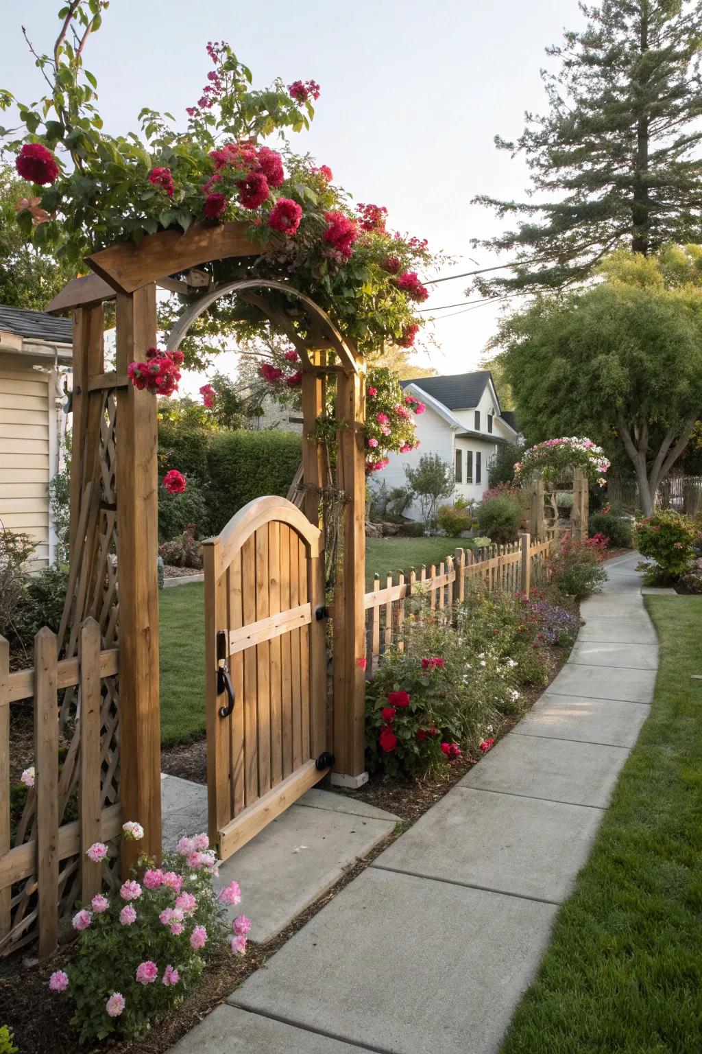 An arched wooden gate contributes a welcoming touch to this front garden.
