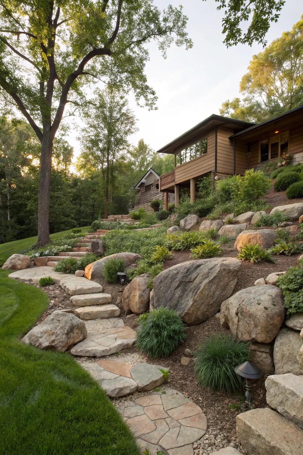Real stone parts make the natural charm of sloping yards better.