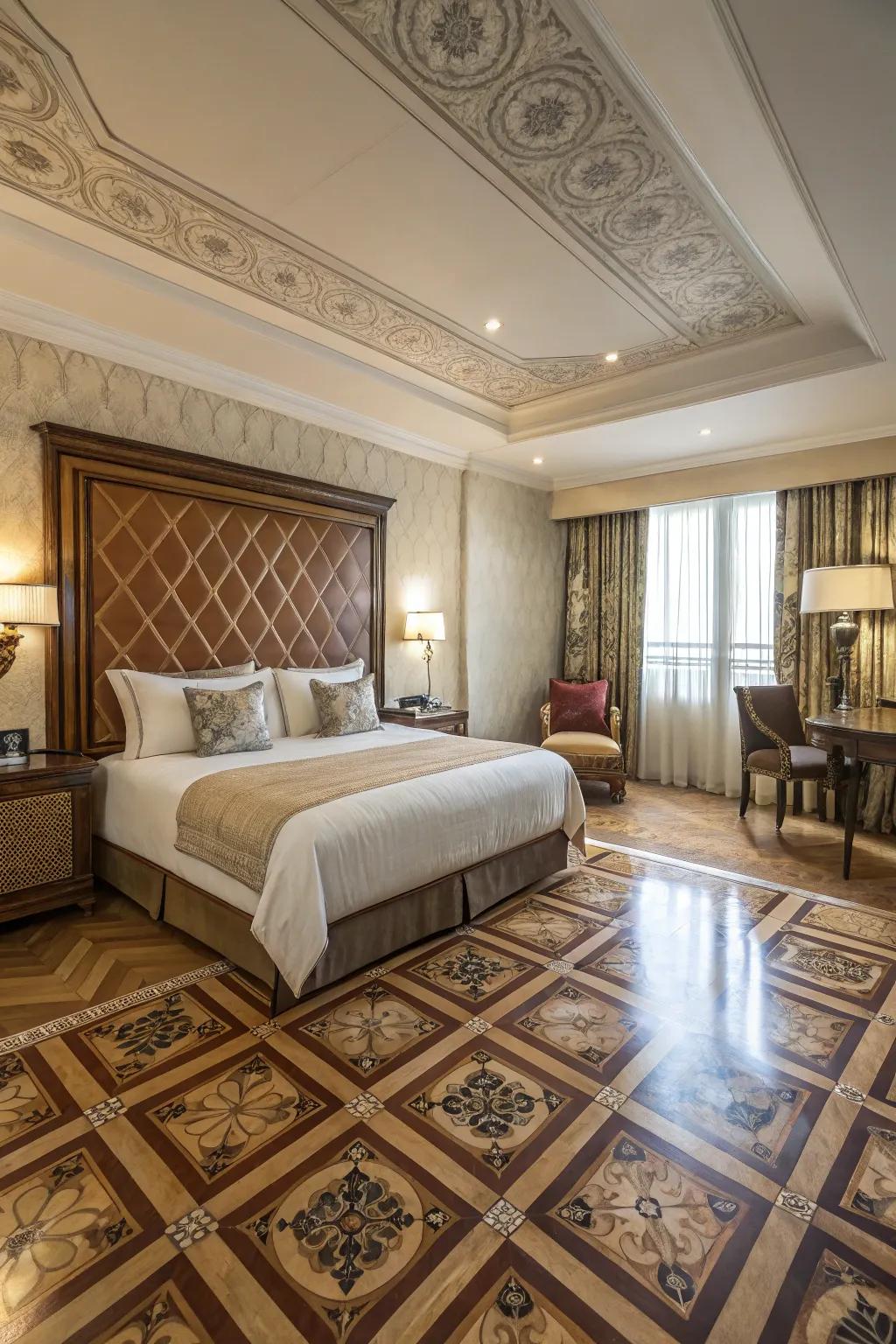 A luxurious bedroom showcasing flooring that adds individuality to the space.