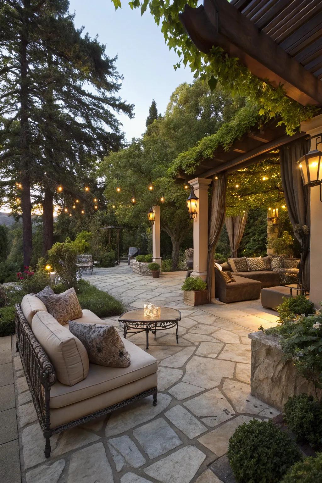 Stone flooring creates a smooth transition to upscale outdoor spaces.