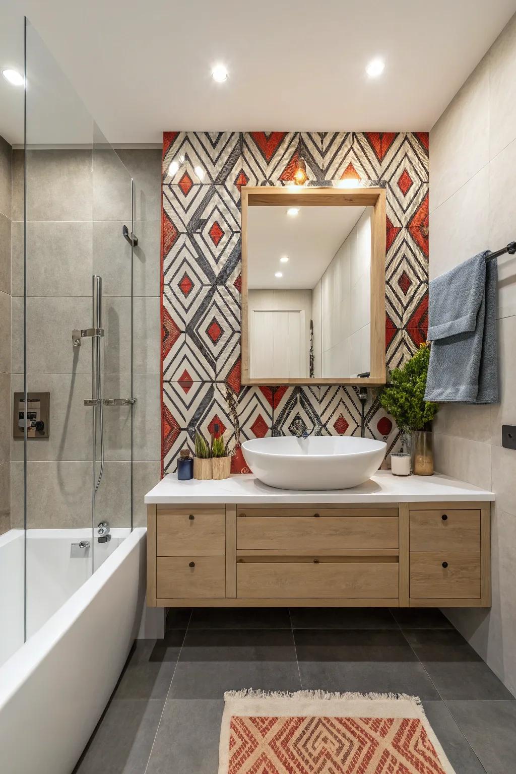 A modern bathroom featuring a striking tile feature divider.