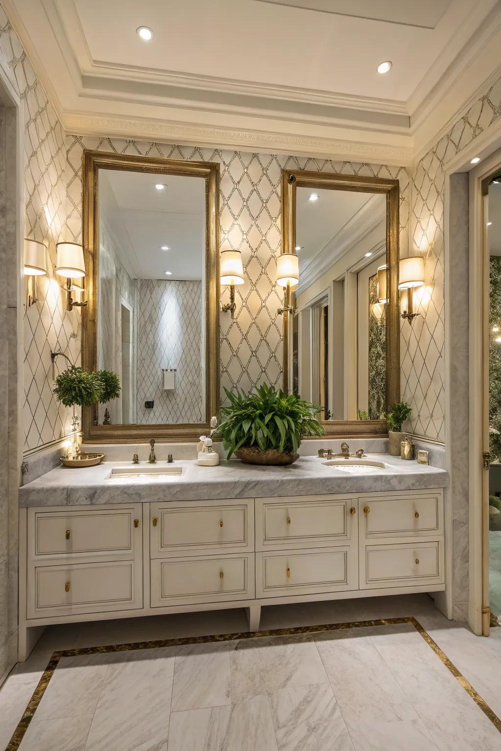 Mirrors design a sense of space and openness in this powder room.
