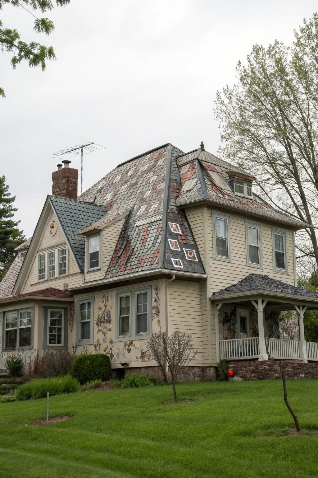 Imaginative paneling adds a creative statement to this mansard roof.