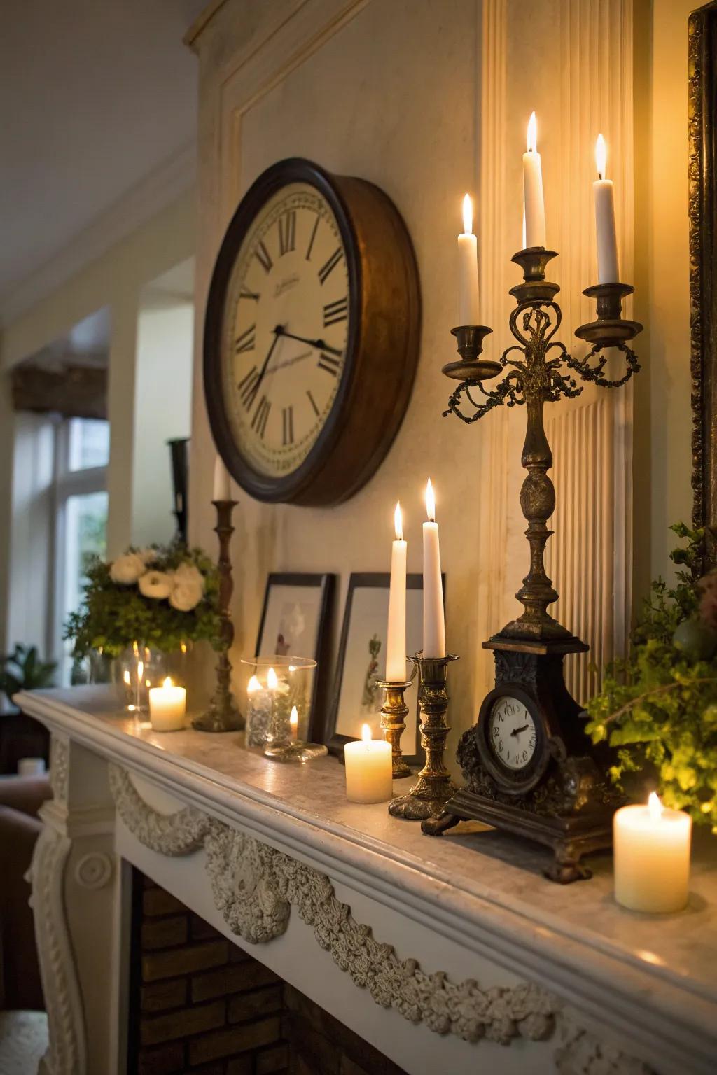 A candlelit mantel with a cozy ambiance and a timepiece.