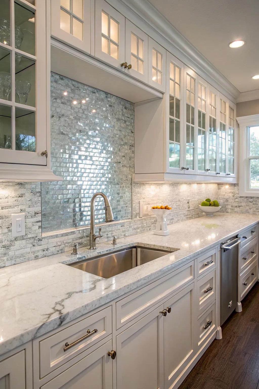 A sophisticated cooking space presents a fusion of marble and vitreous pieces.