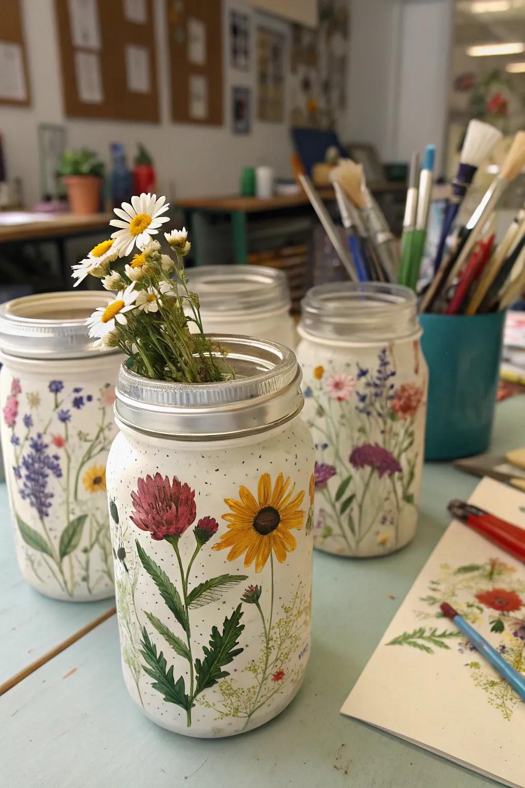 Express ingenuity through decoupage mason jars.