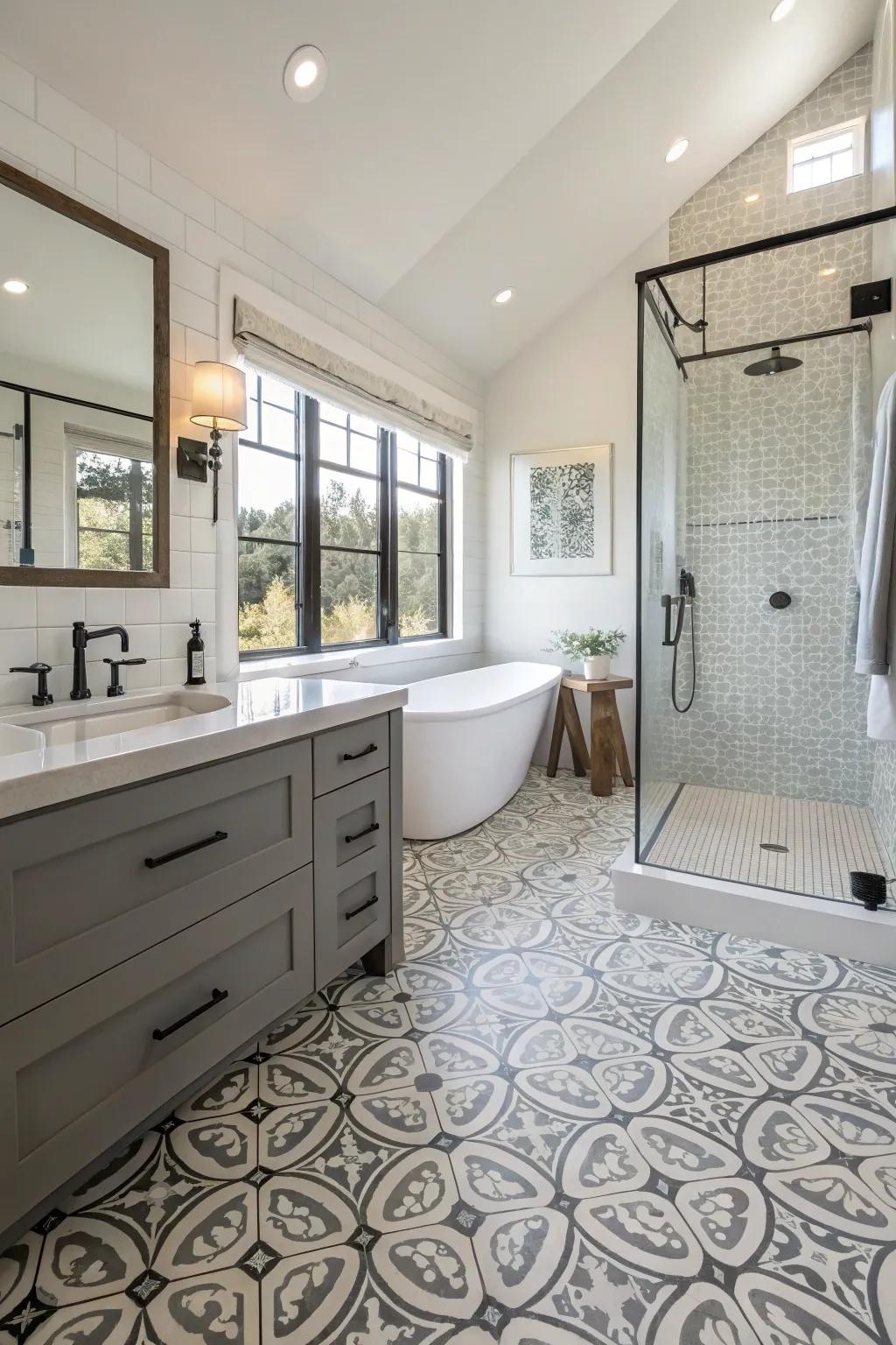Patterned cement tiles add vintage charm.